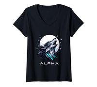 Women's Wolf Alpha Howling Moon Geometric Low Poly Stars Night V-Neck T-Shirt
