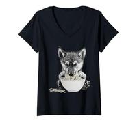 Women's Wolf Cub Eating Ramen Noodles Cute Puppy Design V-Neck T-Shirt