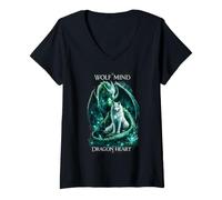 Women's Wolf Dragon Fantasy Wolf Mind Dragon Heart Mystical Creature V-Neck T-Shirt