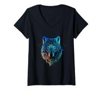 Women's Wolf Face Ethnic Wolf Lover Wolf Wolves Animal Abstract V-Neck T-Shirt