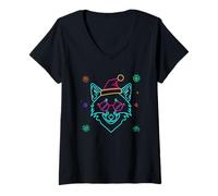 Women's Wolf Face Round Glasses Winter Character Graphic Pink Cool V-Neck T-Shirt