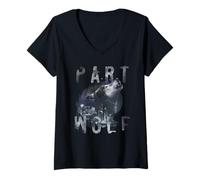 Women's Wolf Head Urban Aesthetic Design Howling City Night Skyline V-Neck T-Shirt