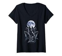 Womens Wolf Howling at Full Moon Galaxy Scene V-Neck T-Shirt