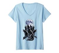 Womens Wolf Howling at Full Moon Galaxy Scene V-Neck T-Shirt