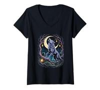 Womens Wolf Howling at Moon in Enchanted Forest Design V-Neck T-Shirt