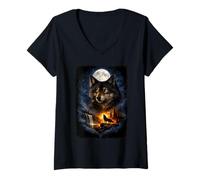 Women's Wolf Howling at Moon Vintage Funny Mystic V-Neck T-Shirt
