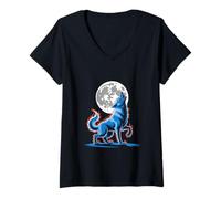 Womens Wolf Howling at The Moon Fantasy Scene V-Neck T-Shirt