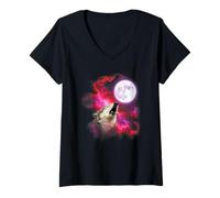 Womens Wolf Howling at The Moon Pink Purple V-Neck T-Shirt
