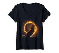 Womens Wolf Howling at the Moon Solar Eclipse Alpha Lunar Mountain V-Neck T-Shirt