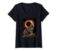 Women's Wolf Howling at the Moon Total Solar Eclipse Alpha Mountain V-Neck T-Shirt