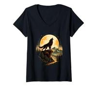 Women's Wolf Howling Illustration Sunset Graphic Nature Wildlife V-Neck T-Shirt
