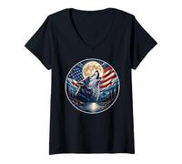 Women's Wolf Howling Moon Night Starry USA Flag Patriotic 4th July V-Neck T-Shirt