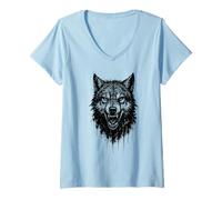 Womens Wolf Ink Art Grunge Gothic Wild Predator Portrait Wolves V-Neck T-Shirt