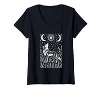 Womens Wolf Lover Moon Folk Art Celestial Nature Linocut Graphic V-Neck T-Shirt