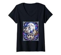 Women's Wolf Moon Howling Starry Night Galaxy Canine Wild Mystic V-Neck T-Shirt