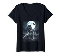 Women's Wolf, Moon Night & Wolf Pack | Starry Wildlife, Wolves V-Neck T-Shirt