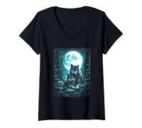 Women's Wolf, Moon Night & Wolf Pack | Wildlife, Wolves V-Neck T-Shirt