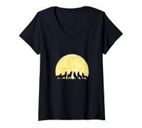 Women's Wolf Pack Howling Full Moon Silhouette Wildlife Art V-Neck T-Shirt