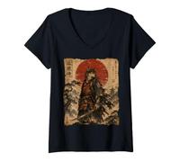 Women's Wolf Samurai Red Sun Katana Japanese Mountain Scroll Art V-Neck T-Shirt