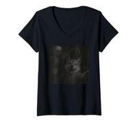 Womens Wolf Selfie with Skeleton Pumpkin Halloween Funny V-Neck T-Shirt