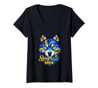 Women's Wolf Starry Night Hike Outdoor Mountain Stained Art V-Neck T-Shirt
