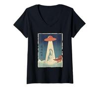 Women's Wolf Taken by UFO Vintage Japanese Ukiyo e Art V-Neck T-Shirt