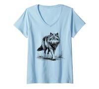 Womens Wolf Walking Illustration V-Neck T-Shirt