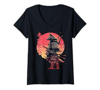 Women's Wolf Warrior Japanese Sunset Ukiyo-e Art Graphic V-Neck T-Shirt