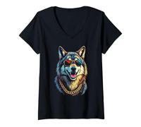 Womens Wolf With Sunglasses, Cool Funny Rebel Boss Hip Wolf Face V-Neck T-Shirt