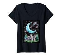 Womens Wolves Cosmic Call Wilderness Night Howl Lunar Forest V-Neck T-Shirt