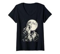 Women's Wolves Howling At The Moon Retro Wolf Lover Funny Vintage V-Neck T-Shirt