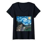 Womens Wolves Howling Beneath Starry Sky and Bigfoot V-Neck T-Shirt