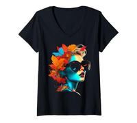 Womens Women Art Autumn Leaves Human Colorful Artwork Women V-Neck T-Shirt