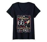 Womens Women Cheers to 66 Fabulous Since 1960 66th Birthday Queen V-Neck T-Shirt