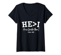 Womens Women Christian Shirts HE>i He is Greater Worship Jesus Love V-Neck T-Shirt