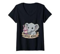 Womens Women Cute Baby Elephant Boba Coffee Addict Gift Mom Dad V-Neck T-Shirt