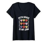 Womens Women Fifth Grade is My Jam Strawberry Fifth Grade Teacher V-Neck T-Shirt