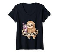 Womens Women Funny Sloth Boba Coffee Addict Slow Animal Bubble Tea V-Neck T-Shirt