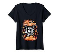 Womens Women It's Fall Y'all Pumpkin Truck Autumn Tree Hello Fall V-Neck T-Shirt