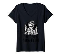 Womens Women Murder Mug Club Funny Skeleton Hot Chocolate V-Neck T-Shirt