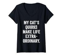 Womens Women My Cat's Quirks Make Life Extraordinary Cat Lover Gift V-Neck T-Shirt