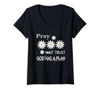 Womens Women Pray Wait Trust Soft Tees Cute Graphic V-Neck T-Shirt