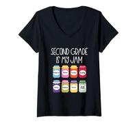 Womens Women Second Grade is My Jam Strawberry Second Grade Teacher V-Neck T-Shirt