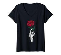 Womens Womens Aesthetic Skeleton Hand Red Rose Flower V-Neck T-Shirt