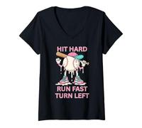 Women's Womens Baseball Hit Hard Run Fast Turn Left Cartoon V-Neck T-Shirt
