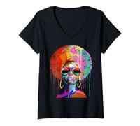 Womens Womens Black Queen Afro Melanin Dripping Juneteenth V-Neck T-Shirt