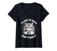 Womens Womens Cat Mom Funny Cat Coffee Shirt I'm Awake Don't Push V-Neck T-Shirt