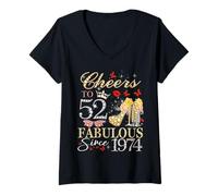 Womens Womens Cheers to 52 Fabulous Since 1974 52nd Birthday Queen V-Neck T-Shirt