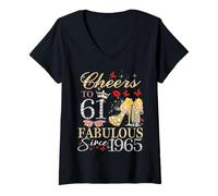 Womens Womens Cheers to 61 Fabulous Since 1965 61st Birthday Queen V-Neck T-Shirt