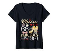 Womens Womens Cheers to 66 Fabulous Since 1960 66th Birthday Queen V-Neck T-Shirt